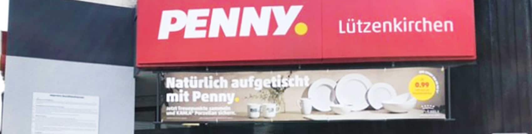 Sie sehen den Eingang vom Penny Markt in Leverkusen – Lützenkirchen, Leineweberstr. 1
