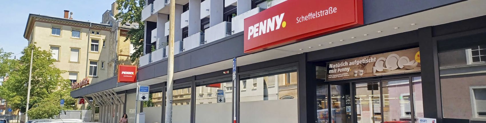 Sie sehen den Eingang vom Penny Markt in Karlsruhe, Scheffel Str. 1