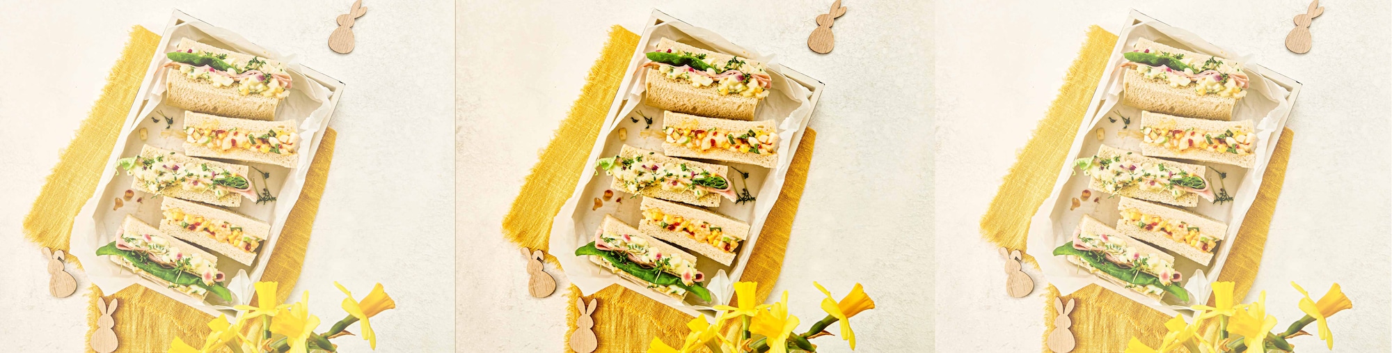 Dieses Bild zeigt die fertigen Tramezzini mit zweierlei Eiersalat.