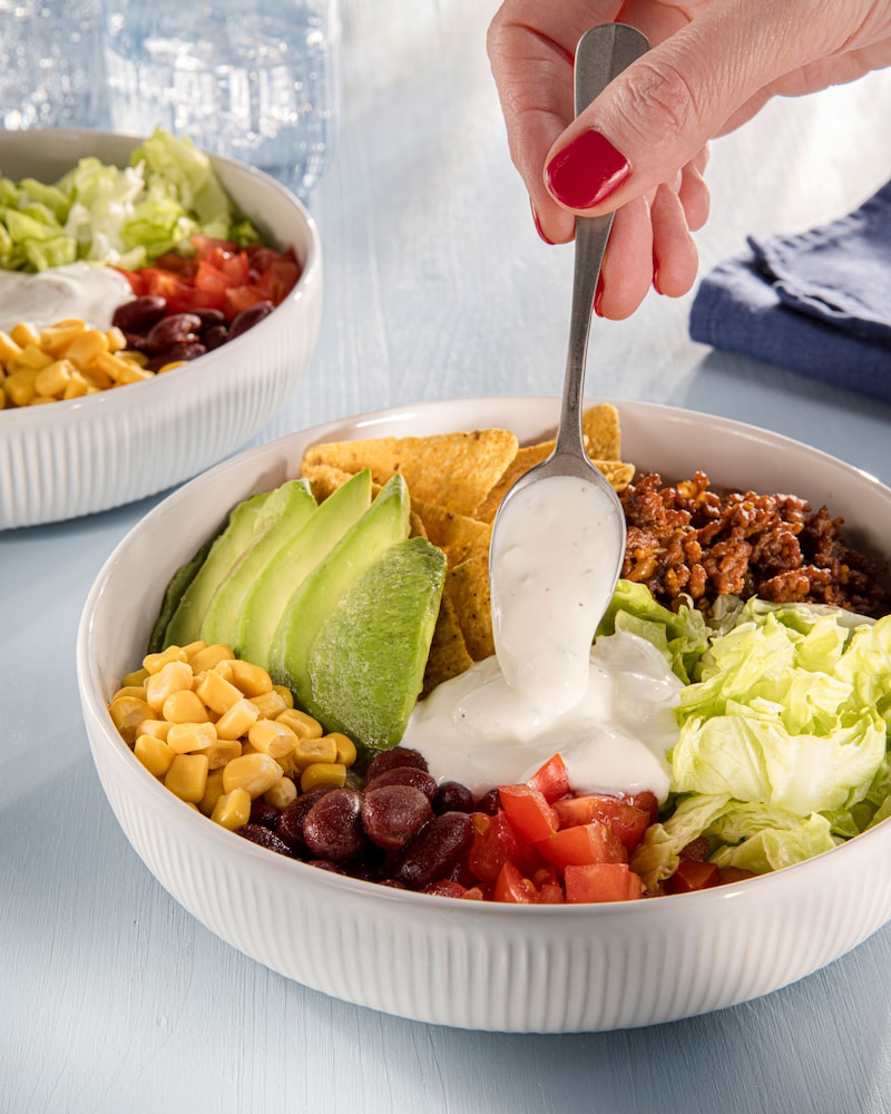 Dieses Bild zeigt die fertige Mexikanische Taco Bowl.