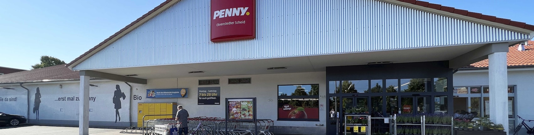 Sie sehen den Eingang vom Penny Markt in Magdeburg/Neu Olvenstedt, Olvenstedter Scheid 101