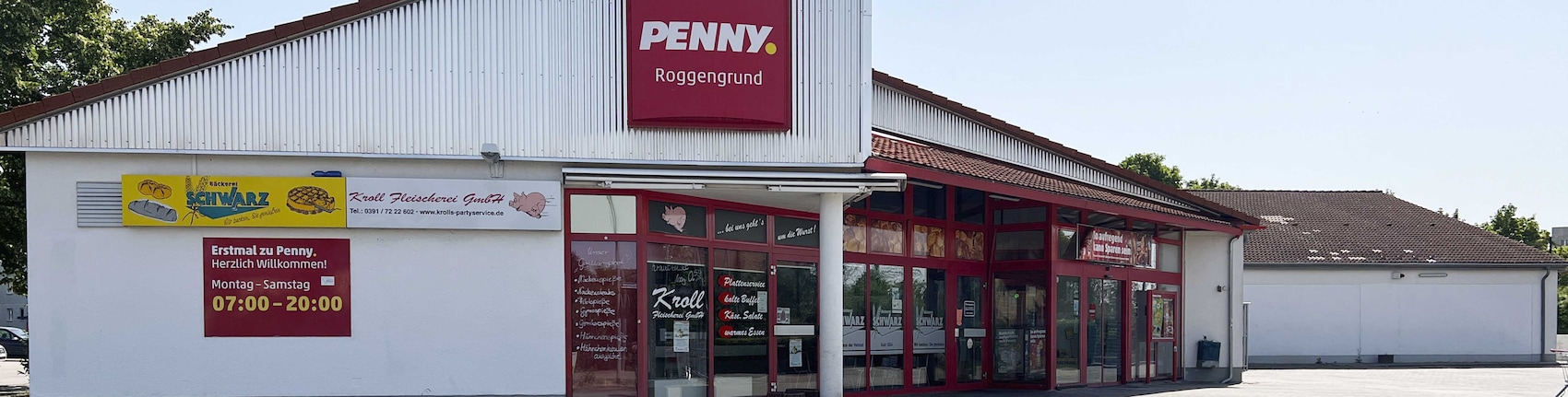 Sie sehen den Eingang vom Penny Markt in Magdeburg/Neu Olvenstadt, Roggengrund 37