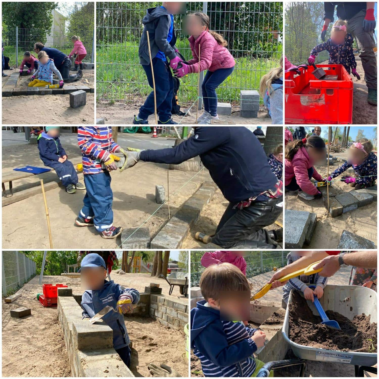 Kinder bauen ein Hochbeet