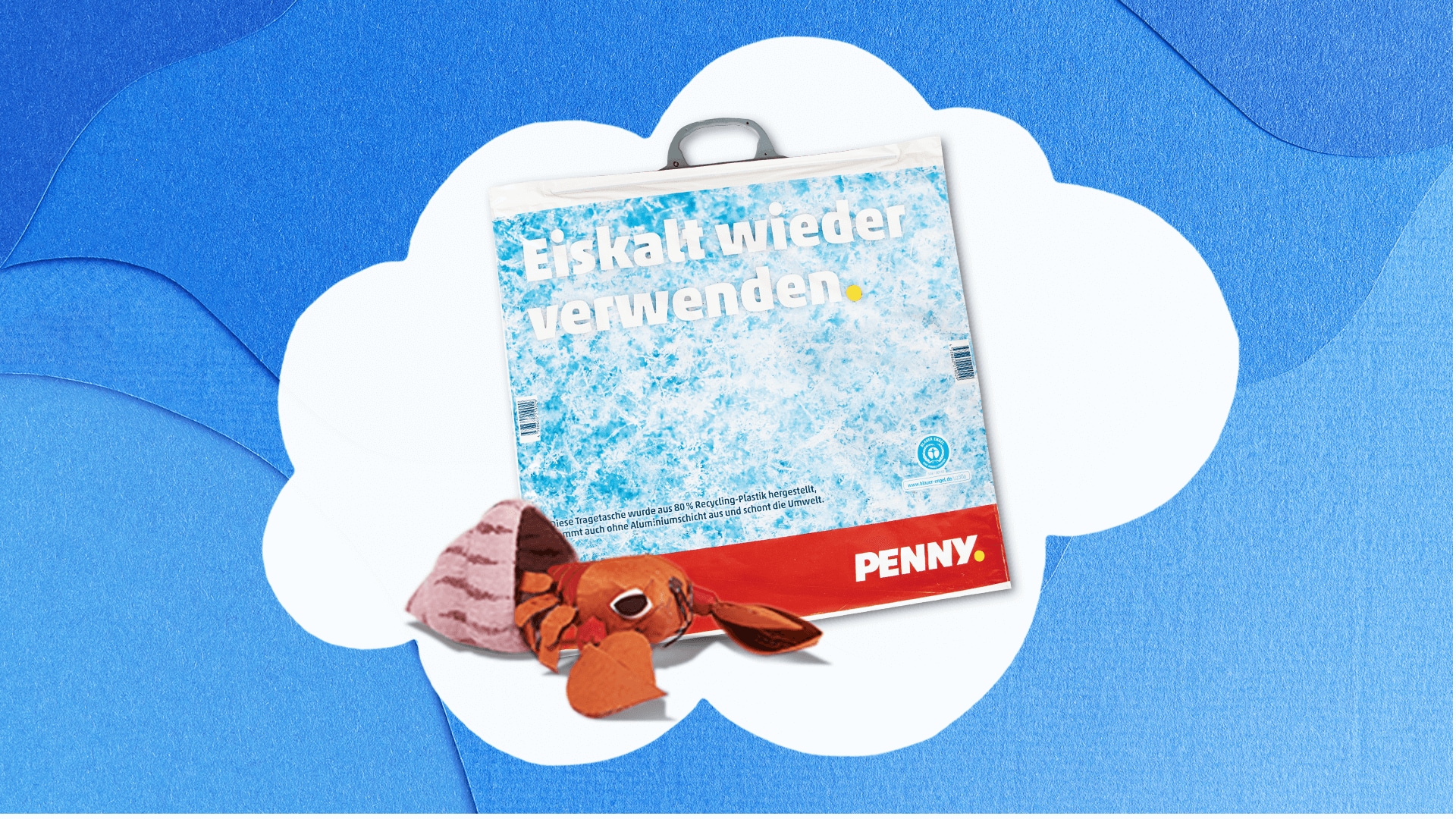 Wiederverwendbare PENNY Kühltasche mit Hummer vor Wolke