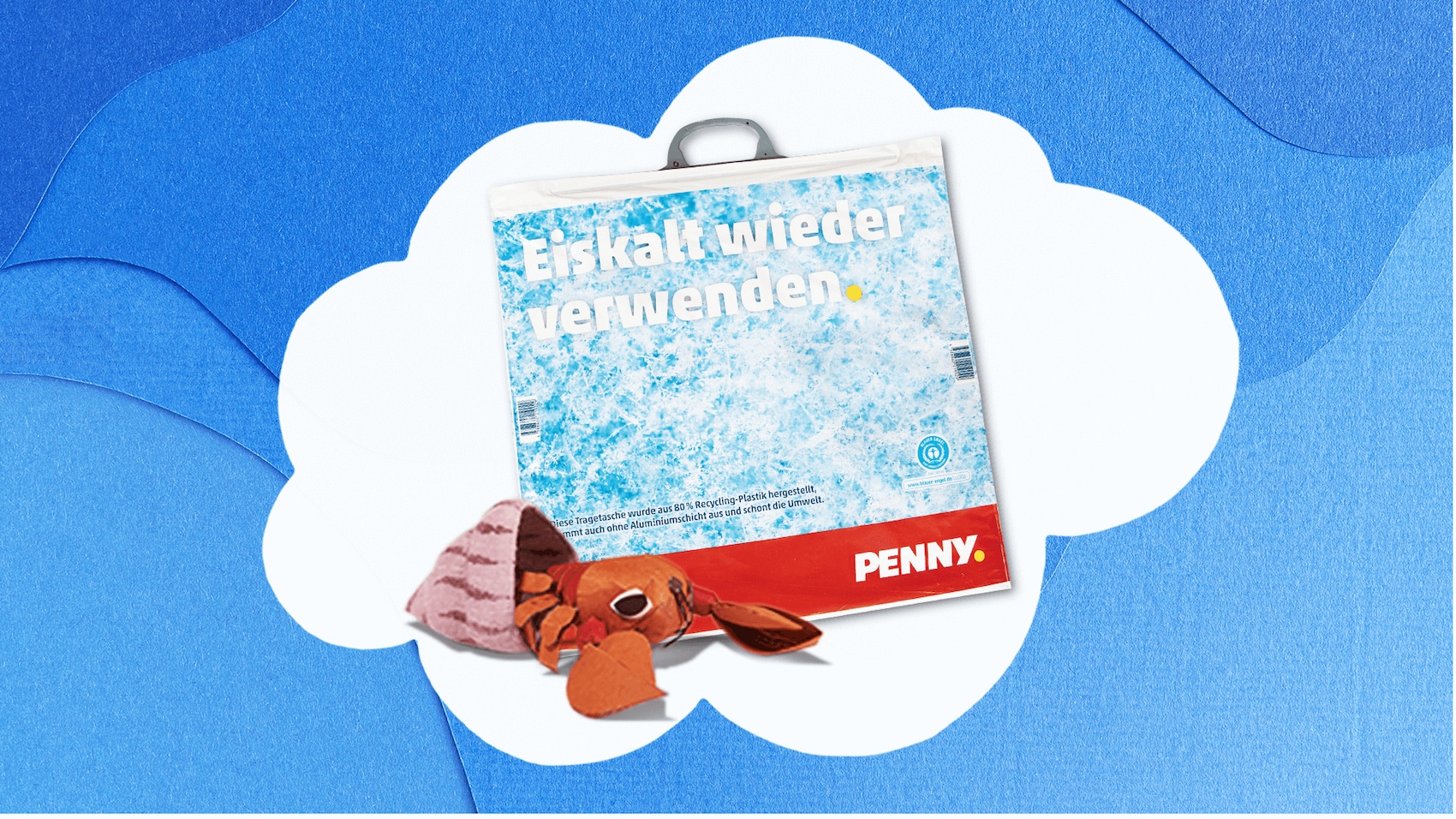 Wiederverwendbare PENNY Kühltasche mit Hummer vor Wolke