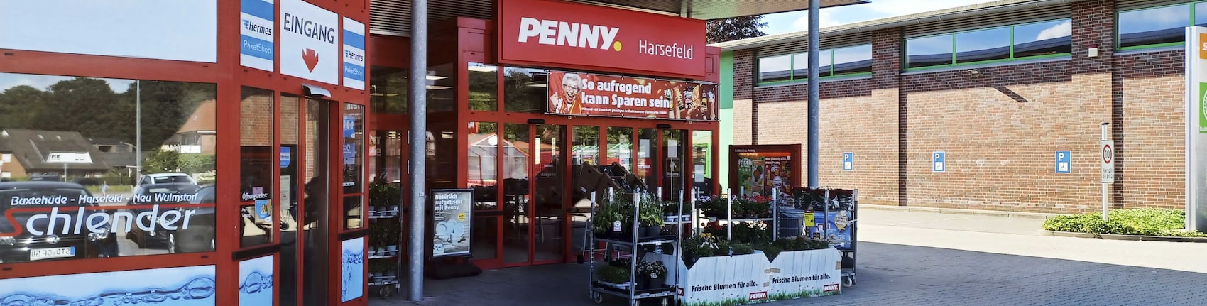 Sie sehen den Eingang vom Penny Markt in Harsefeld, Am Bahnhof Sued 7