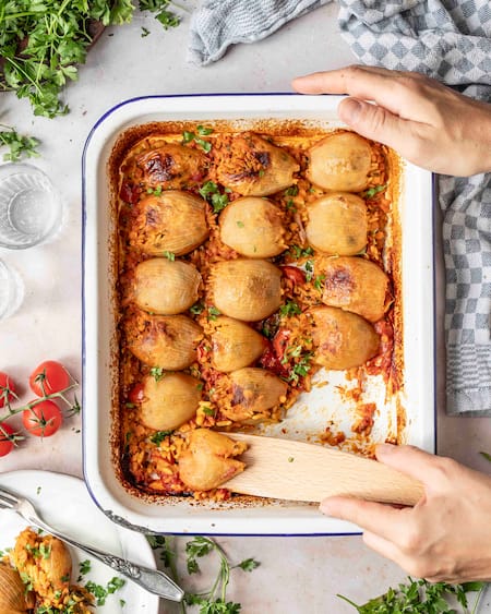 Dieses Bild zeigt die fertige gefüllten Zwiebeln.