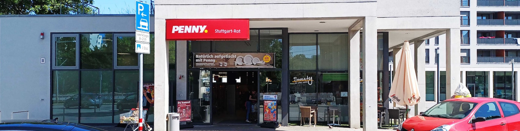 sie sehen den Eingang vom Penny Markt in Stuttgart-Rot Haldenrainstr. 77