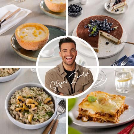 Collage mit Stefano Zarrella und vier seiner Gerichte im Hintergrund. 