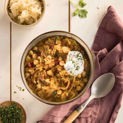 Dieses Bild zeigt unsere Sauerkrautsuppe „orientalisch”.