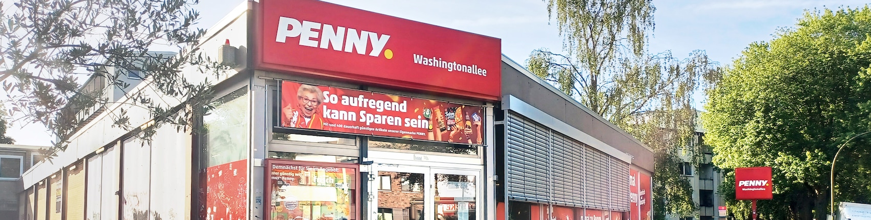 Sie sehen den Eingang vom Penny Markt in Hamburg/Horn, Washingtonallee 87