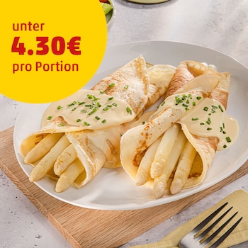 Dieses Bild zeigt den fertigen Spargel mit Pfannkuchen.