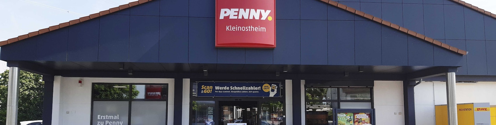 Sie sehen den Eingang vom Penny Markt in Kleinostheim Kardinal-Faulhaber-Str. 16