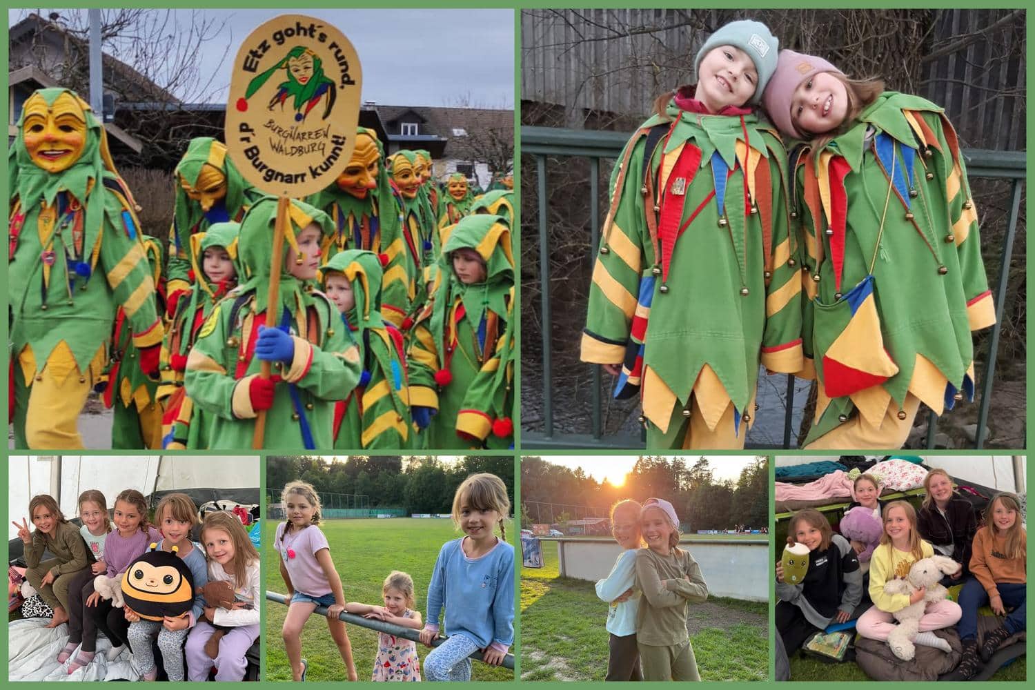 Collage Kindern beim Karneval, Spielen und Zelten