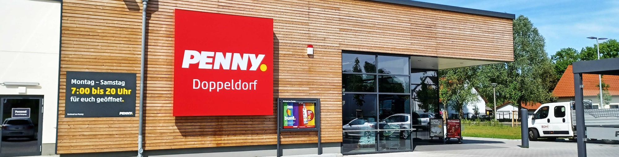 Sie sehen den Eingang vom Penny Markt in Petershagen/Eggersdorf Mierwerder Weg 100