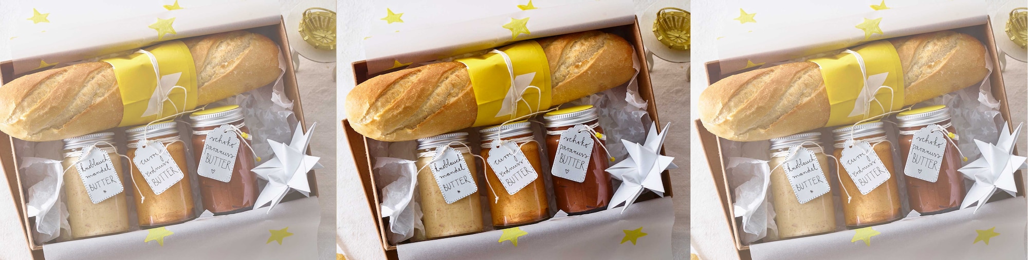 Dieses Bild zeigt das fertige Butter-Trio mit Baguette.