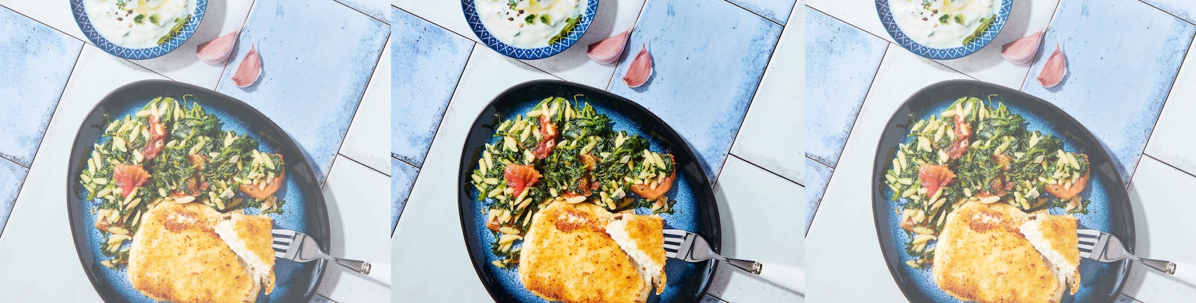 Gebratener Hirtenkäse mit Kritharaki und Zaziki