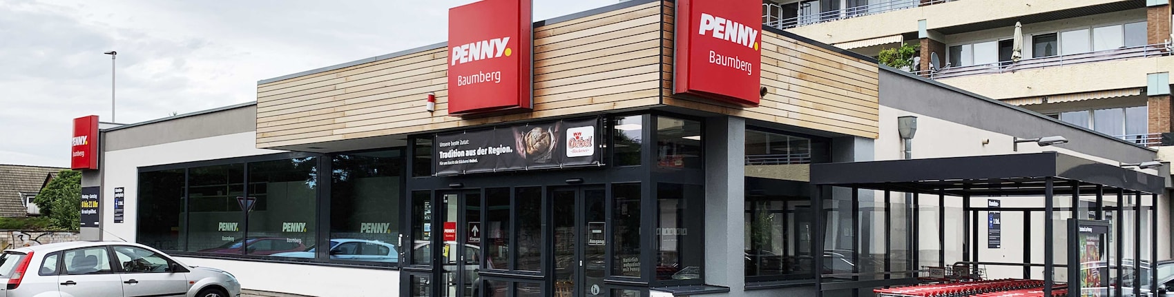 sie sehen den Eingang vom Penny Markt in Monheim – Baumberg Froebelstr. 13