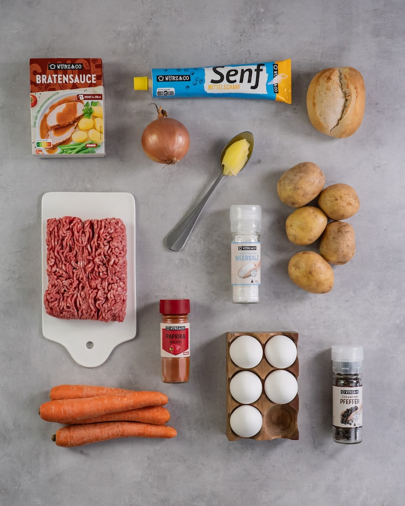Auf diesem Bild siehst du alle Zutaten für unseren Falschen Hase.