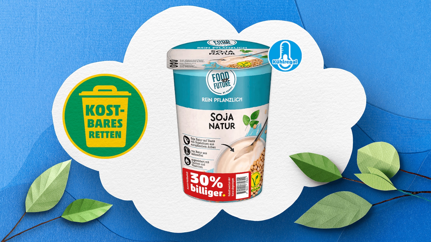Food For Future Soja Natur mit dem Kostbares retten-Icon auf einer Wolke aus Papier vor blauem Hintergrund