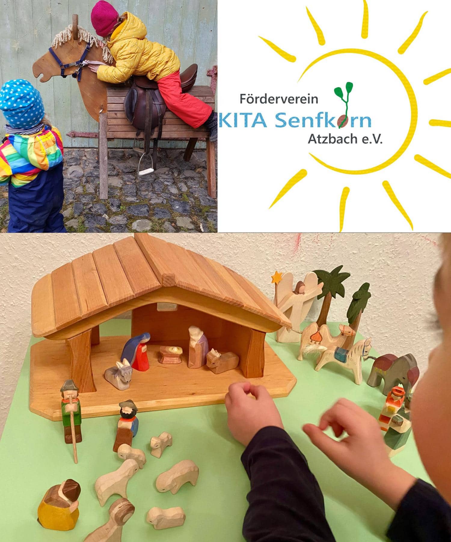 Collage vom Vereinslogo und Bildern von Kindern beim Spielen