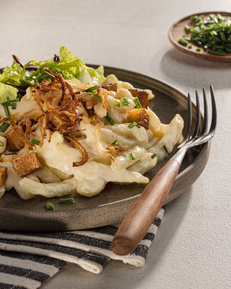 Dieses Bild zeigt die fertigen veganen Spätzle.