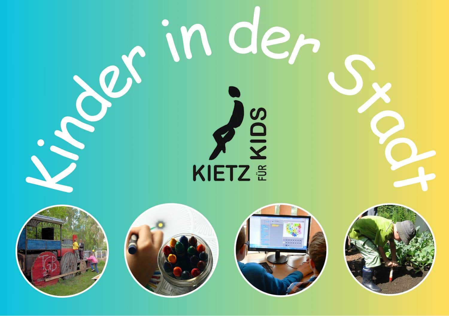 Collage von Kindern beim Spielen, Lernen und Gaertnern