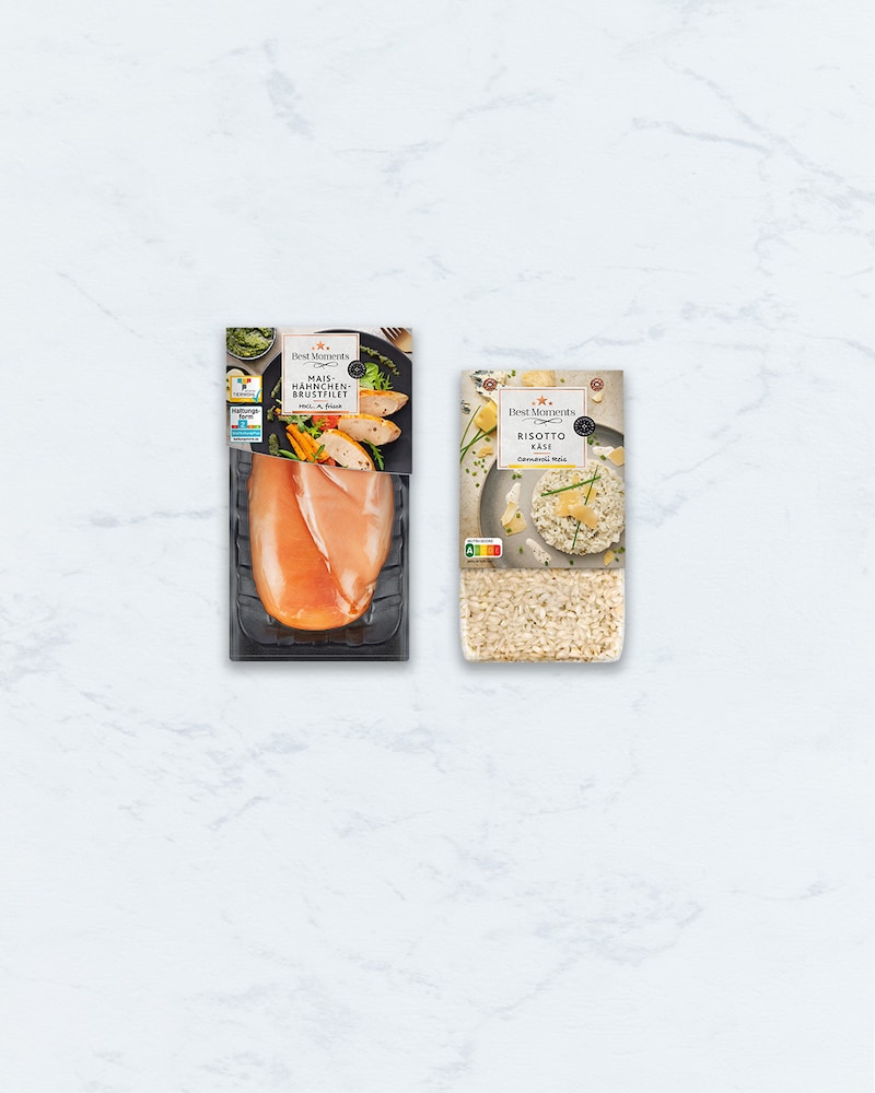 Dieses Bild zeigt das Mais-Hähnchen-Brustfilet und das Risotto.