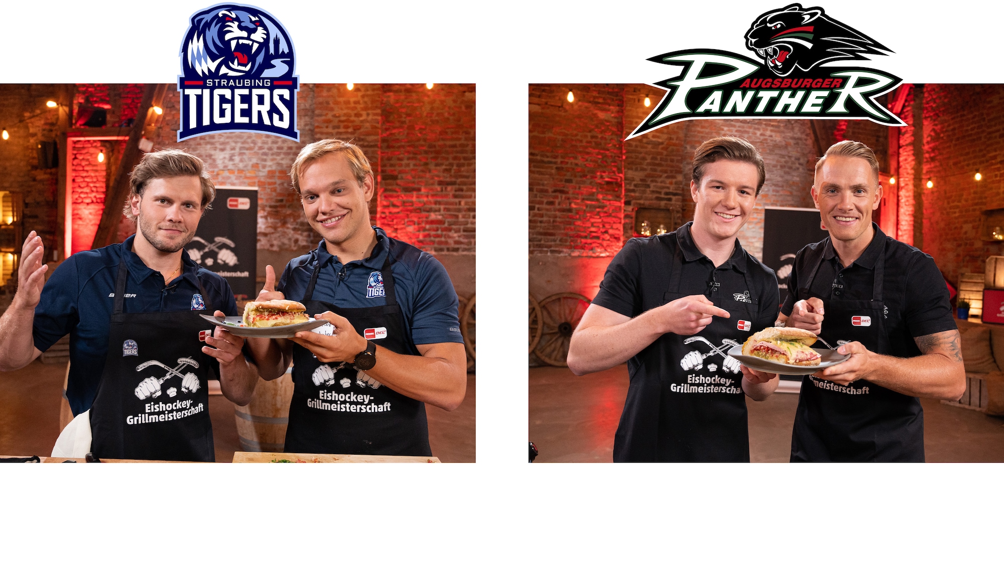 Dieses Bild zeigt jeweils zwei Profis von den Straubing Tigers und Augsburger Panthers mit ihrem Ciabatta vom Grill.