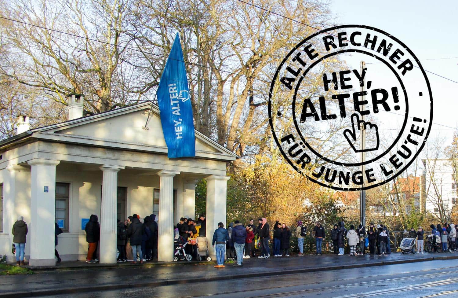 Warteschlange vor dem Vereinsgebaeude