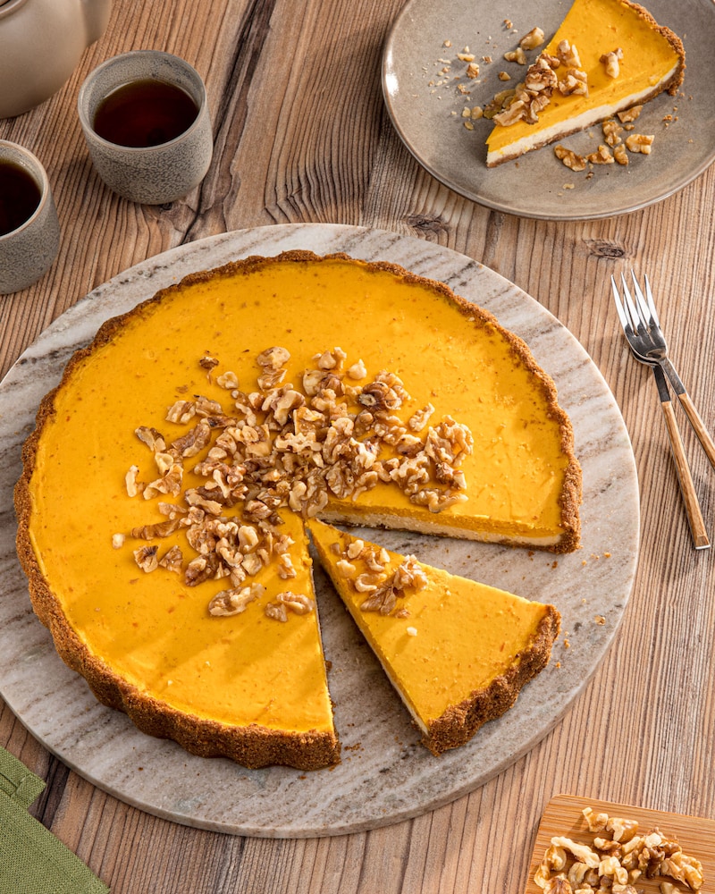 Dieses Bild zeigt den fertigen Kürbis-Cheesecake.