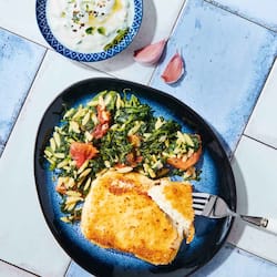 Gebratener Hirtenkäse mit Kritharaki und Zaziki