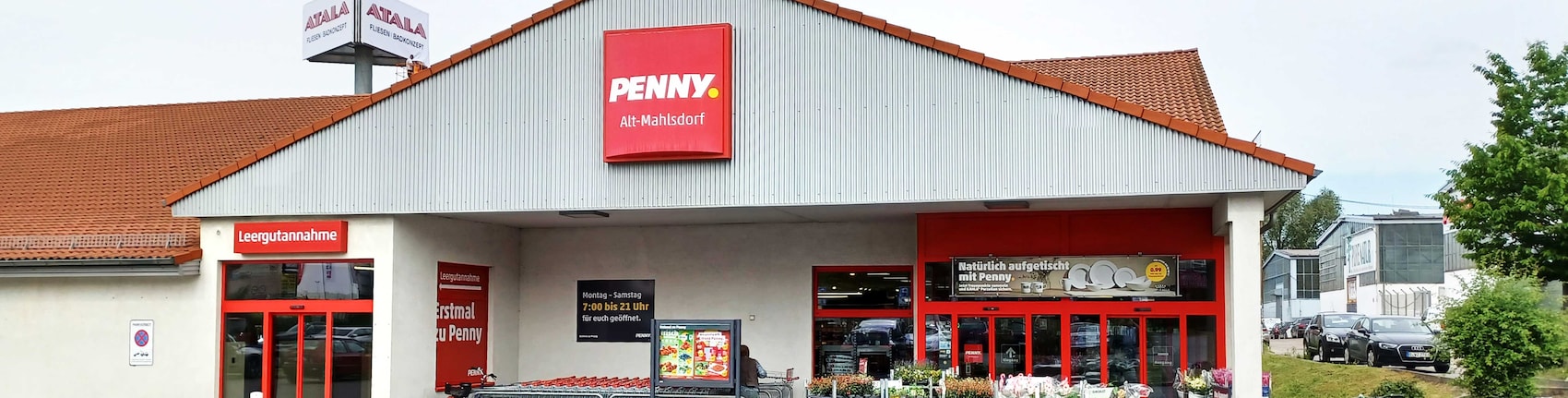 Sie sehen den Eingang vom Penny Markt in Berlin/Mahlsdorf Alt-Mahlsdorf 48-49