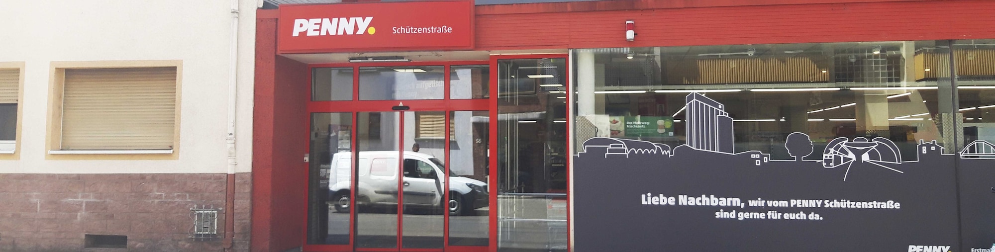 Sie sehen den Eingang vom Penny Markt in Ludwigshafen/Sued, Schuetzenstr. 31-33