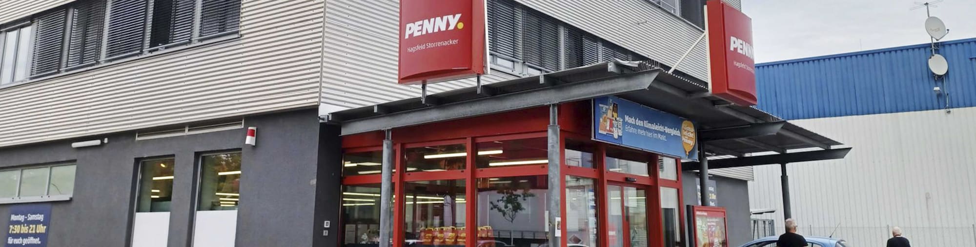 Sie sehen den Eingang vom Penny Markt in Karlsruhe/Hagsfeld, Am Storrenacker 1 B