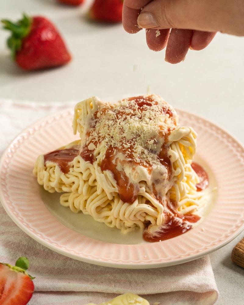 Auf diesem Bild siehst du wie das Eis mit weißer Schokolade bestreut wird.