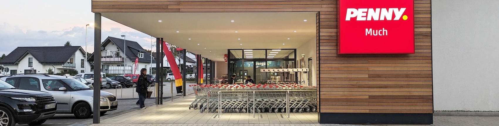 Sie sehen den Eingang vom Penny Markt in Much Krahmer Weg  1