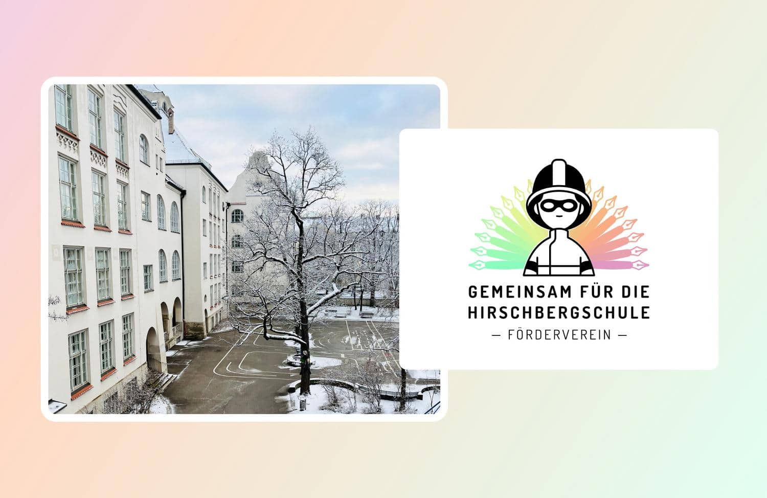 Collage vom Vereinslogo und Ausblick auf das Schulgebäude