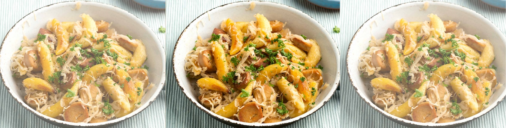 Dieses Bild zeigt die fertigen Schupfnudeln mit veganer Bratwurst.