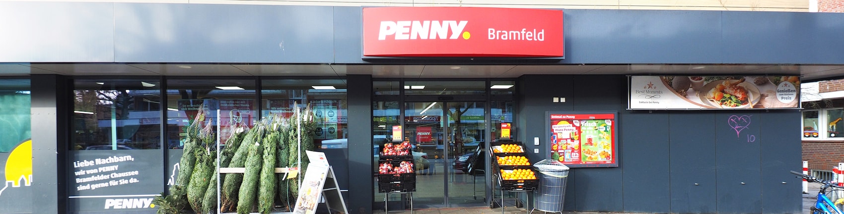 Sie sehen den Eingang vom Penny Markt in Hamburg, Bramfelder Chaussee 291