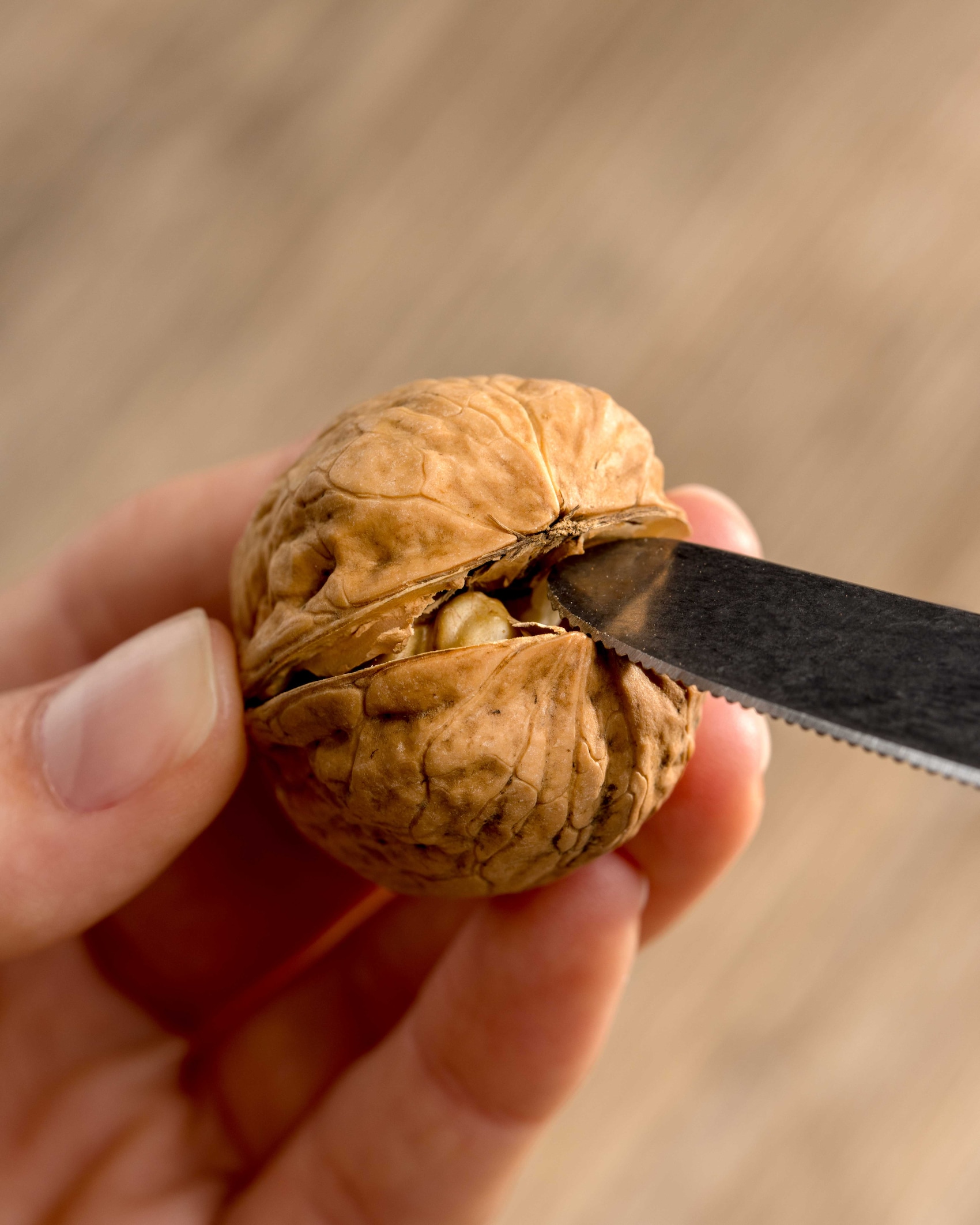 Dieses Bild zeigt geknackte Walnüsse. Sie wurden mit einem Messer geknackt.