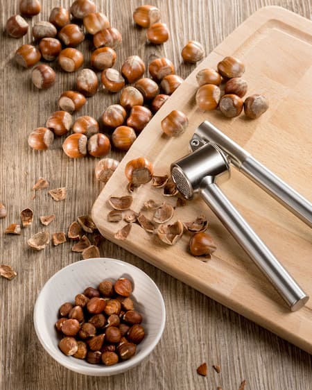 Dieses Bild zeigt geknackte Haselnüsse. Sie wurden mit einer Knoblauchpresse geknackt.