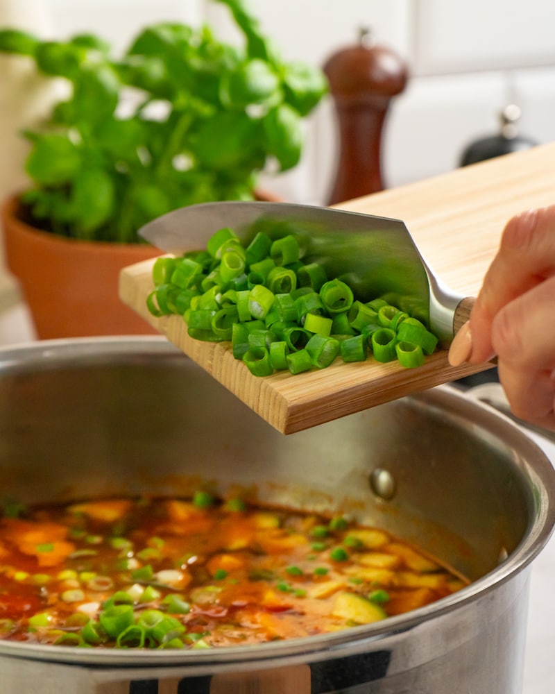 Dieses Bild zeigt die Lauchzwiebeln zur Suppe hinzugegeben wird.