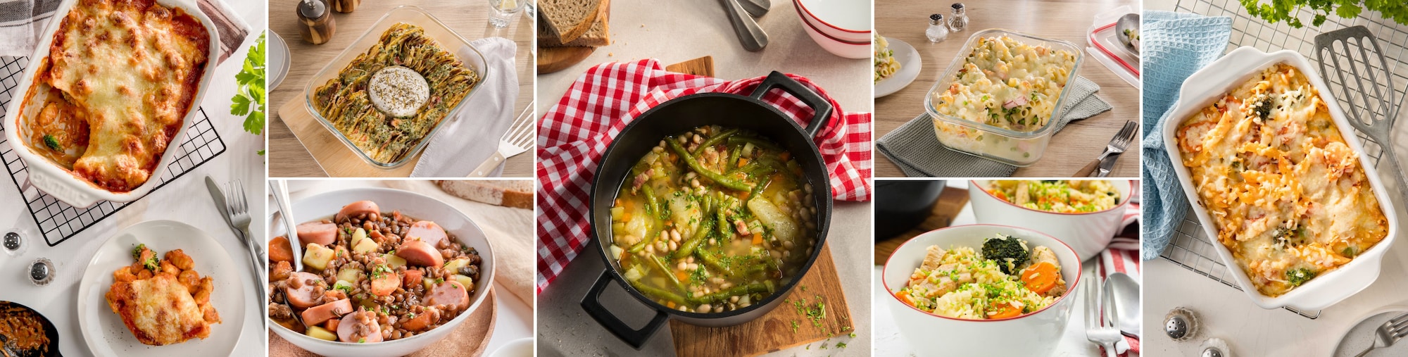 Collage aus deftigen Gerichten, die gut transportiert werden können