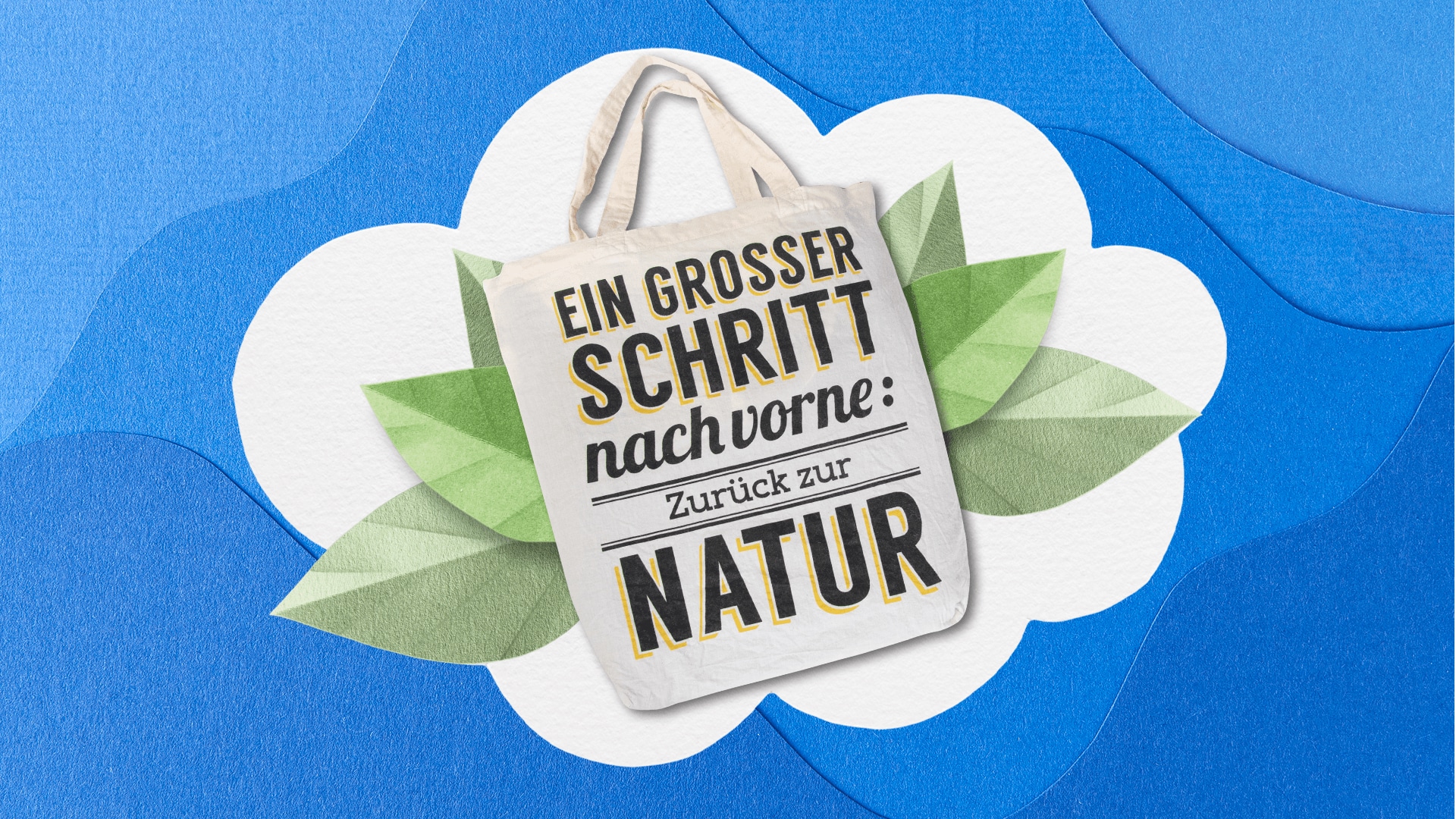 Beschrifteter Jute-Beutel vor Blättern und Wolke