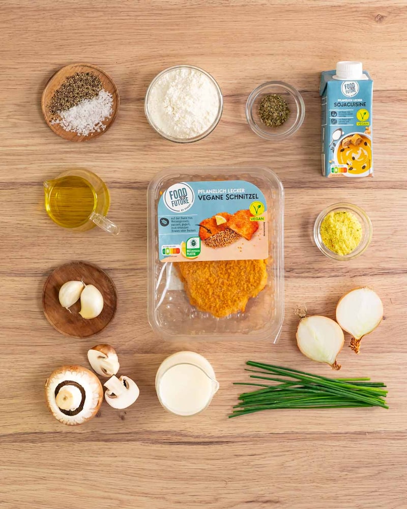 Dieses Bild zeigt die Zutaten für das vegane Schnitzel.