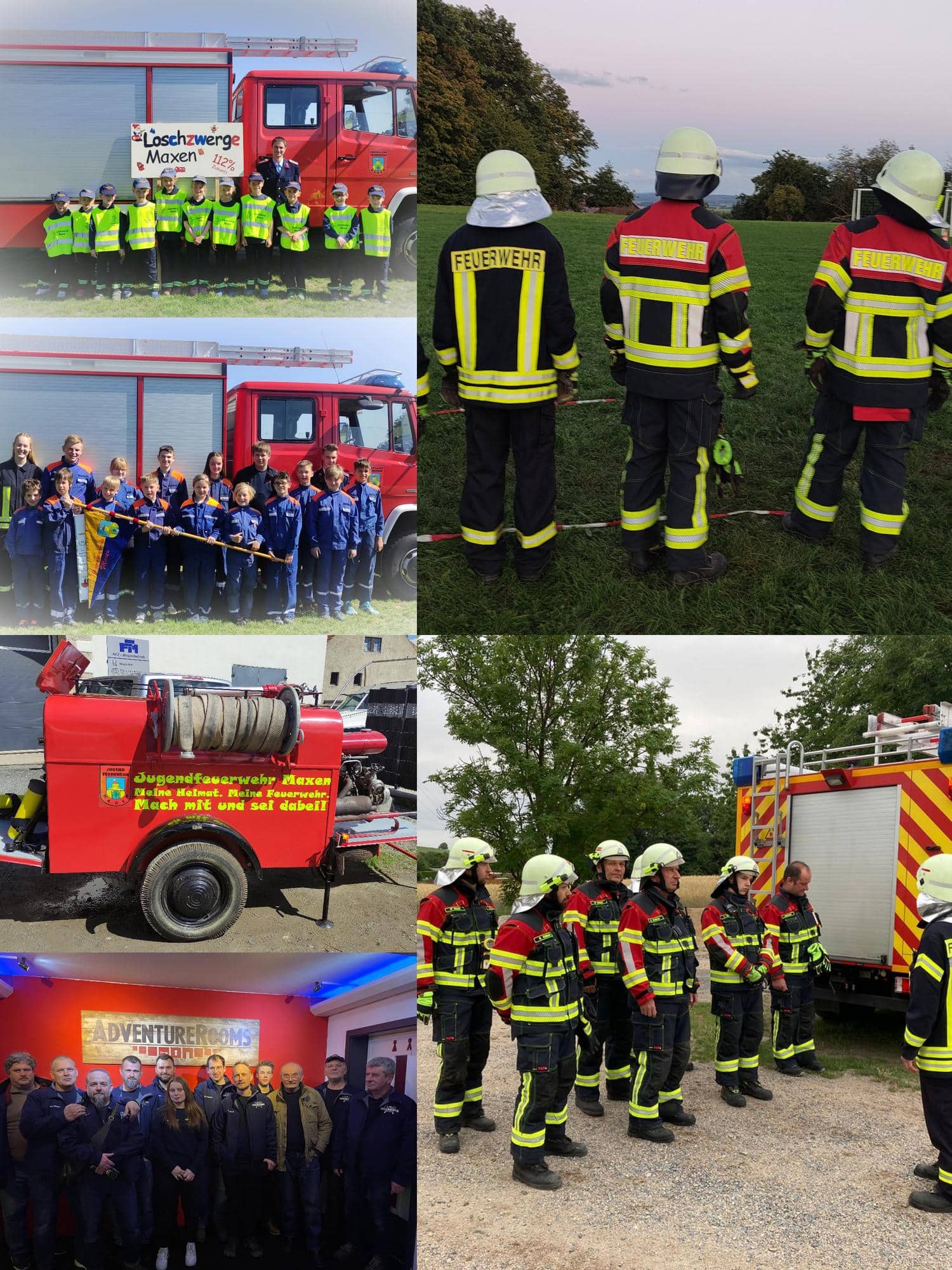 Collage der Vereinsmitglieder und Kinder in Feuerwehr-Ausruestung