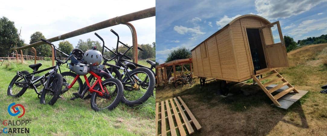 Collage von Fahrrädern und einem Zirkuswagen
