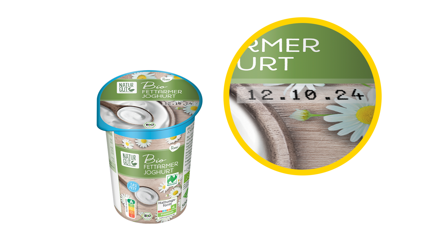 Ein PENNY Joghurt mit Vergrößerung des Mindesthaltbarkeitsdatums