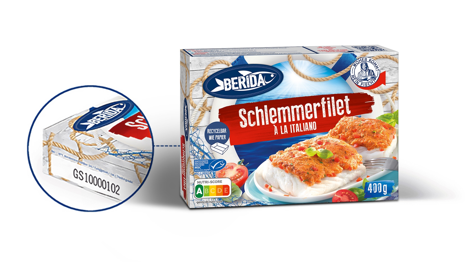 Eine Packung Fischfilet mit Vergrößerung eines Tracking-Codes